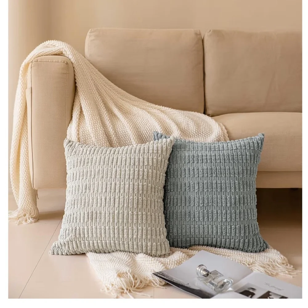 Corduroy Soft Striped Farmhouse SQUARE Throw Pillow Covers 18x18” BLUE (4-pack)